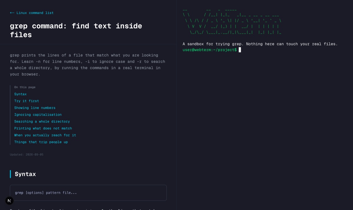 Une page de référence par commande, avec un terminal pour l'essayer