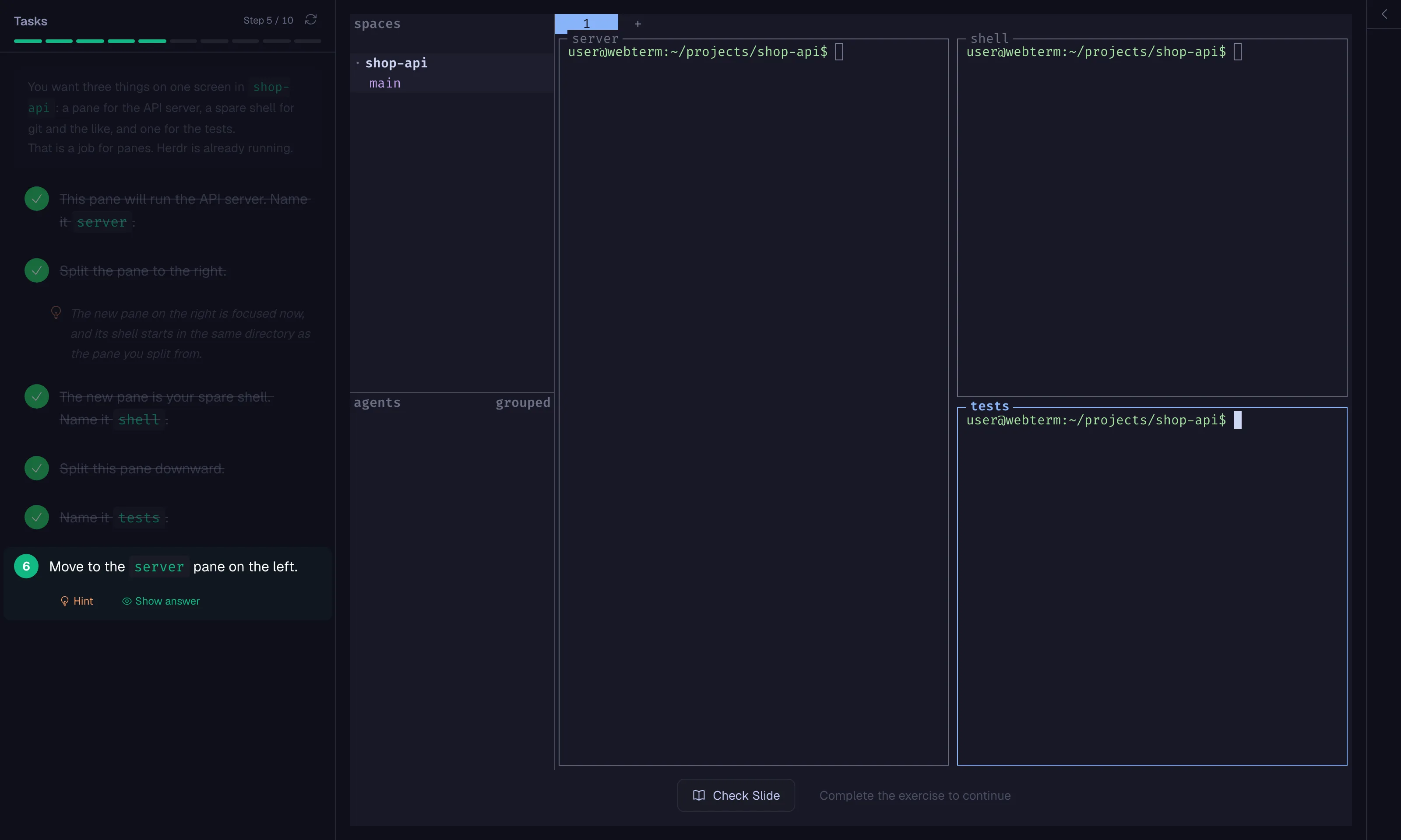 WebTerm Learn「Herdr 入門」の演習画面